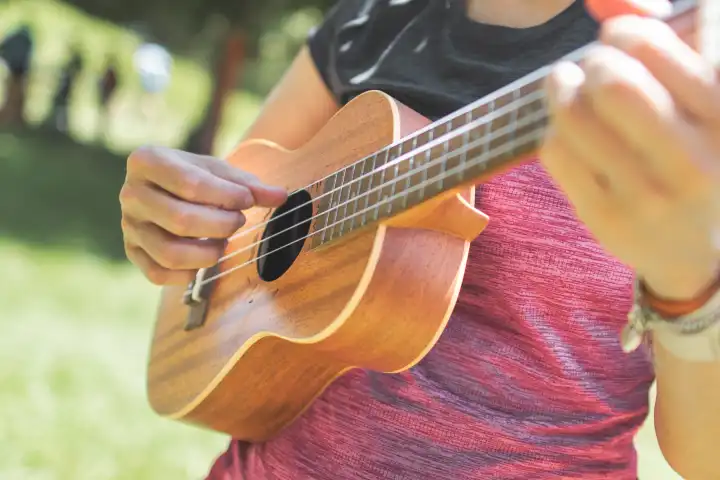 Ukulele played by a girl  at a party in a meadow