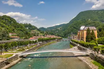 The new pedestrian bridge of San Pellegrino Terme. Tourist resort in northern Italy