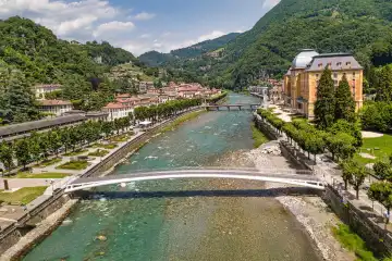 The pedestrian bridge of San Pellegrino Terme  resort in northern Italy