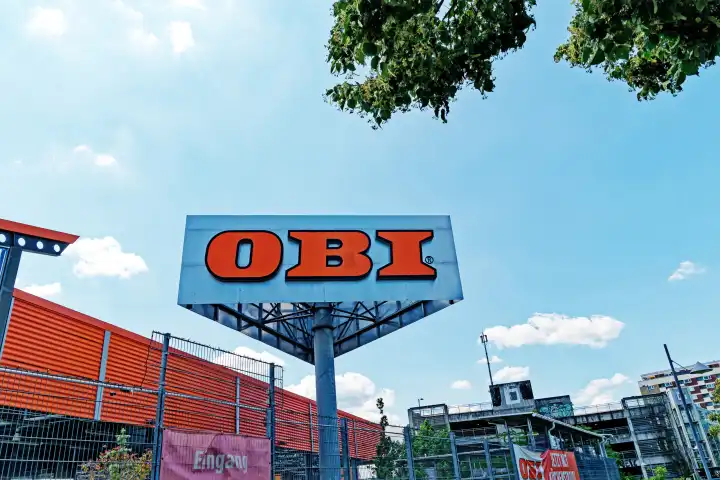 DIY store: pylon with the logo of the company Obi