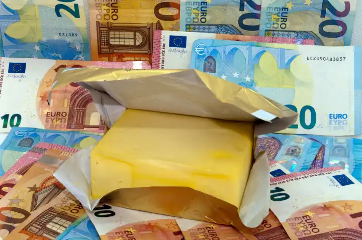 Symbol image food price increase; A piece of butter in front of banknotes