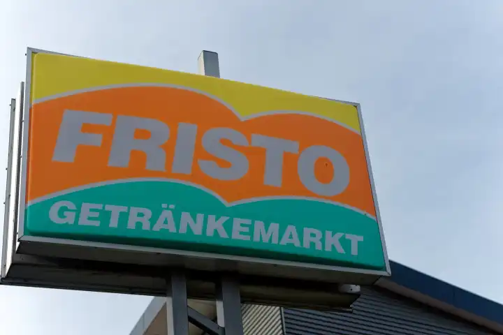 Close up, sign on pylon with logo of beverage retailer Fristo