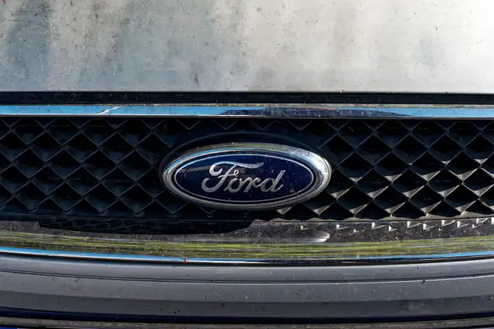 Automobilindustrie, Symbolbild: Kühlergrill mit Emblem der Marke Ford