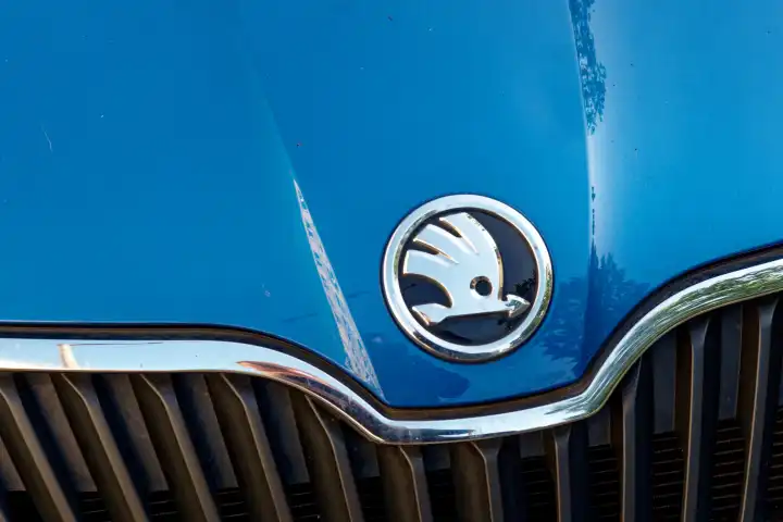 Automobilindustrie, Symbolbild: Kühlergrill mit Emblem der Marke Skoda