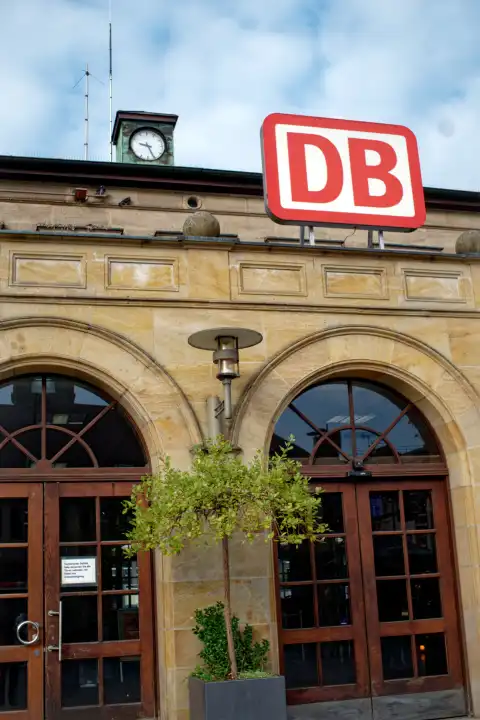 DB logo above station entrance, Erlangen, Bavaria, Germany