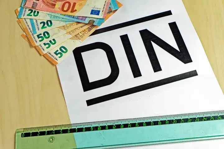 Symbolbild freier Zugang zu DIN-Normen, DIN-Logo mit Geldscheinen und Lineal