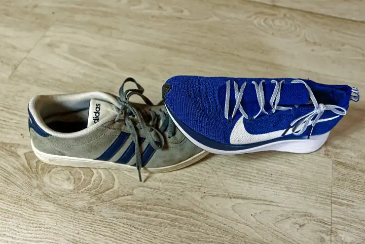 A sports shoe from Nike stands on a shoe from Adidas
