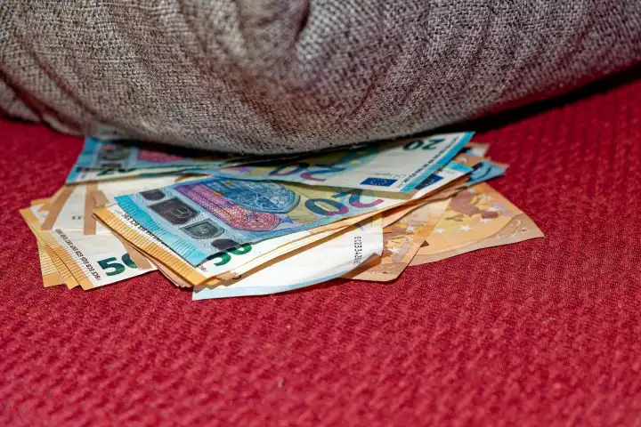 A bundle of banknotes lies under a mattress
