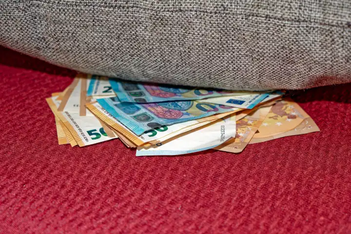 A bundle of banknotes lies under a mattress