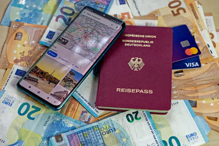 Deutscher Reisepass mit Geldscheinen, Kreditkarten und Smartphone mit App mit Landkarte und Sehenswürdigkeiten