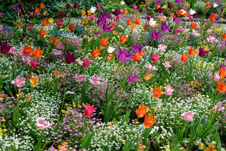Frühling, Sommer, buntes Blumenbeet im Burggarten in Nürnberg, Bayern, Deutschland