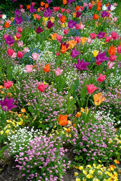 Frühling, Sommer, buntes Blumenbeet im Burggarten in Nürnberg, Bayern, Deutschland