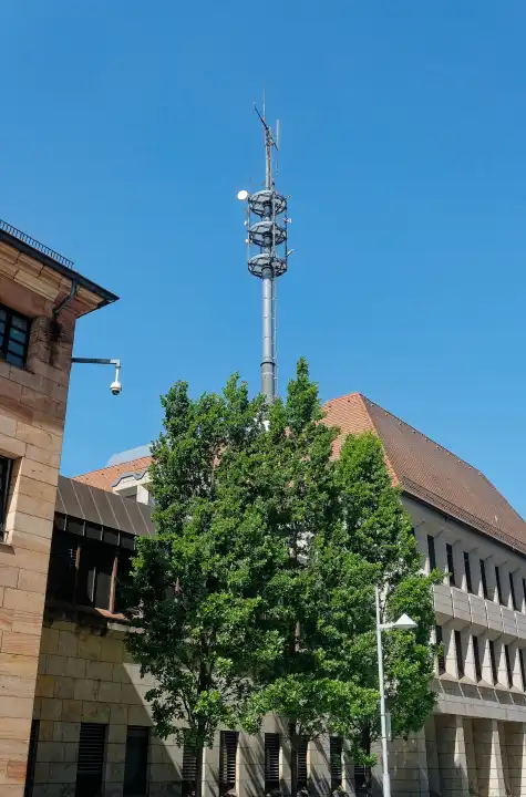 Antenna mast towers above a tree in the sky