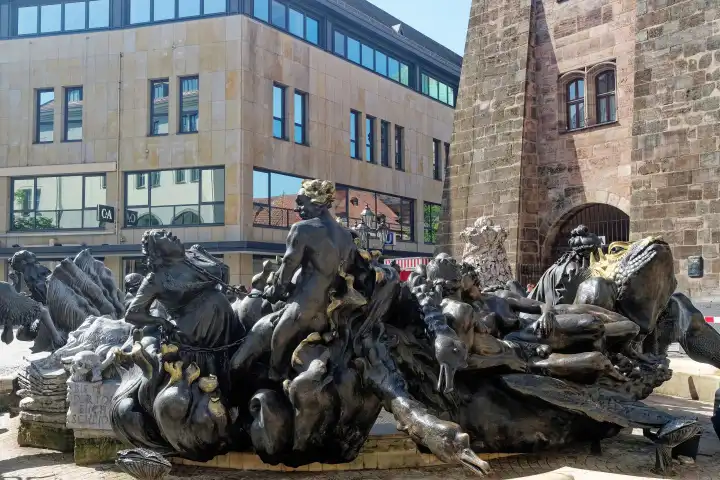 Marriage carousel, marriage fountain, Hans Sachs fountain, in front of the White Tower in Nuremberg, Bavaria, Germany
