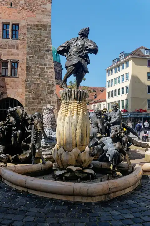 Ehekarussell, Ehebrunnen, Hans Sachs-Brunnen, vor dem Weißen Turm in Nürnberg, Bayern, Deutschland