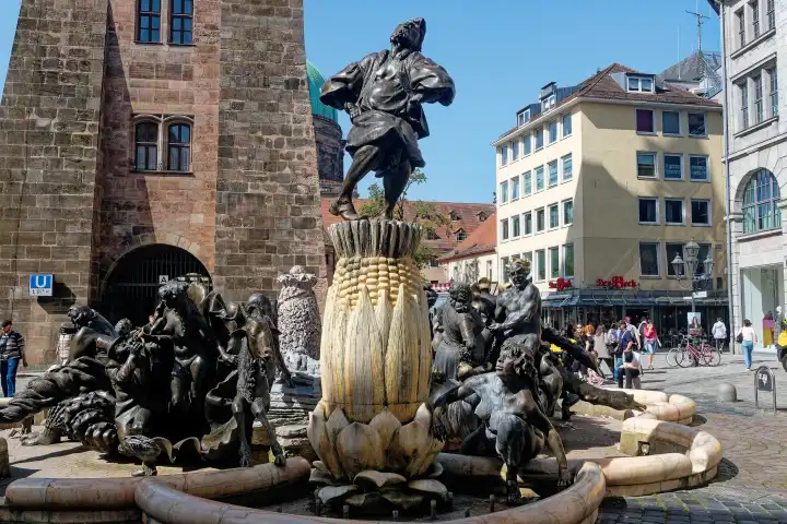 Ehekarussell, Ehebrunnen, Hans Sachs-Brunnen, vor dem Weißen Turm in Nürnberg, Bayern, Deutschland