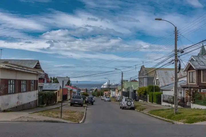 Houses in the Chilean port city of Puerto Natales, Patagonia, Chile