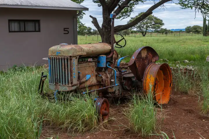 Alter Fordson Major Traktor auf einer Wiese geparkt, Otavi, Namibia
