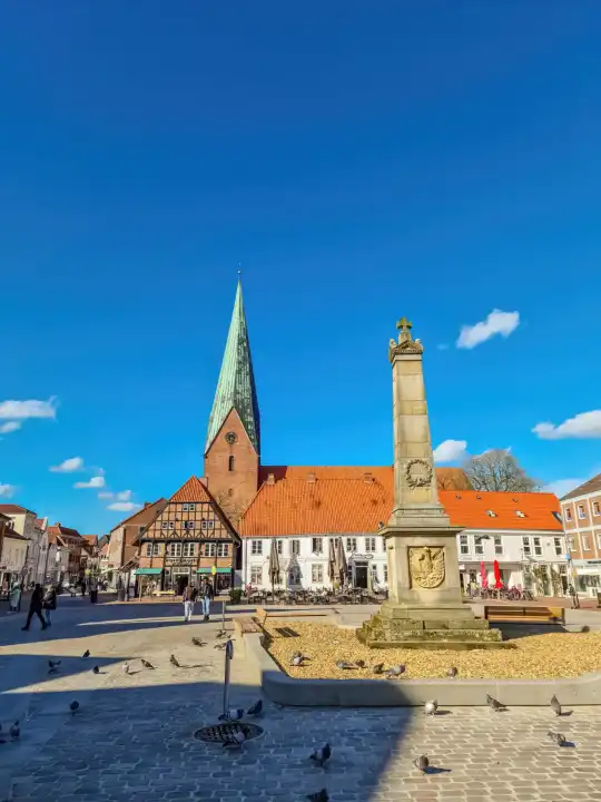 Eutin, Gernany - 05 April 2023: On the market square in Eutin in northern Germany in fine weather