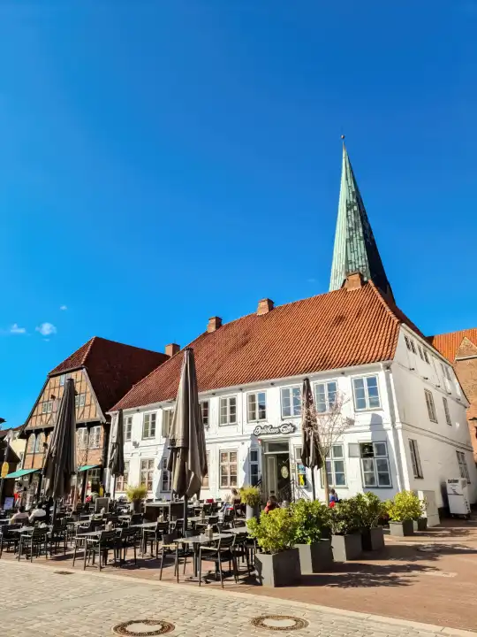 Eutin, Gernany - 05 April 2023: On the market square in Eutin in northern Germany in fine weather