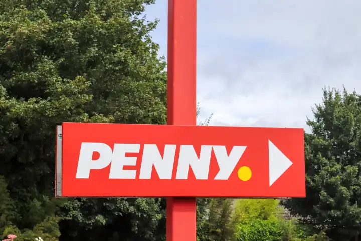 Nortorf, Germany - 07. July 2022: Red logo of the big supermarket company Penny