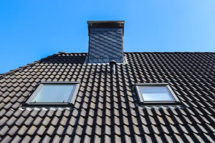 Dachfenster im Velux-Stil mit schwarzen Dachziegeln