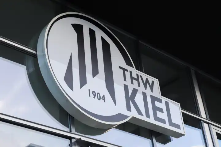 Front view at the arena of the german bundesliga handball club THW Kiel with trophys and the fan shop