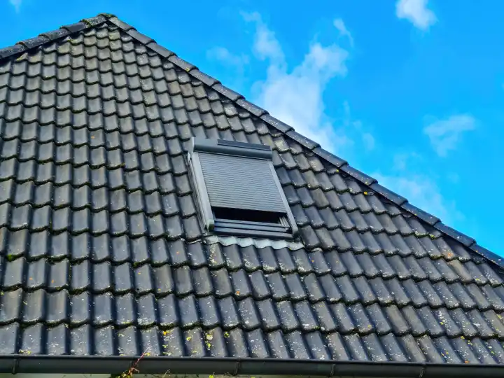 Offenes Dachfenster im Velux-Stil mit schwarzen Dachziegeln