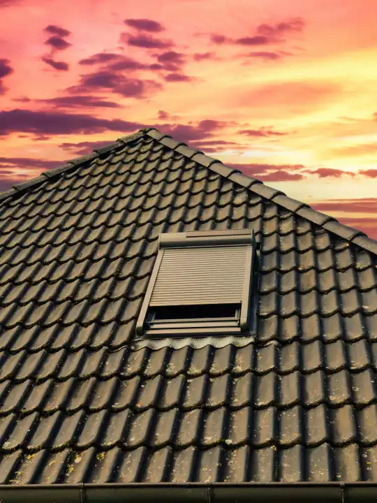 Offenes Dachfenster im Velux-Stil mit schwarzen Dachziegeln
