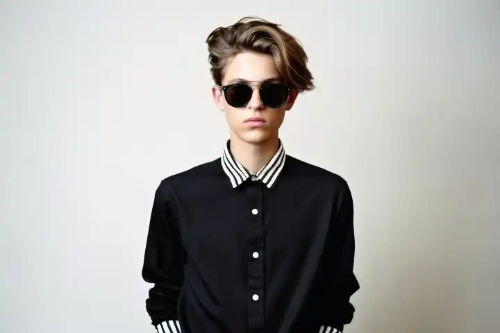 A teenage boy model posing with modern fashion created with generative AI technology