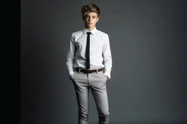 A teenage boy model posing with modern fashion created with generative AI technology