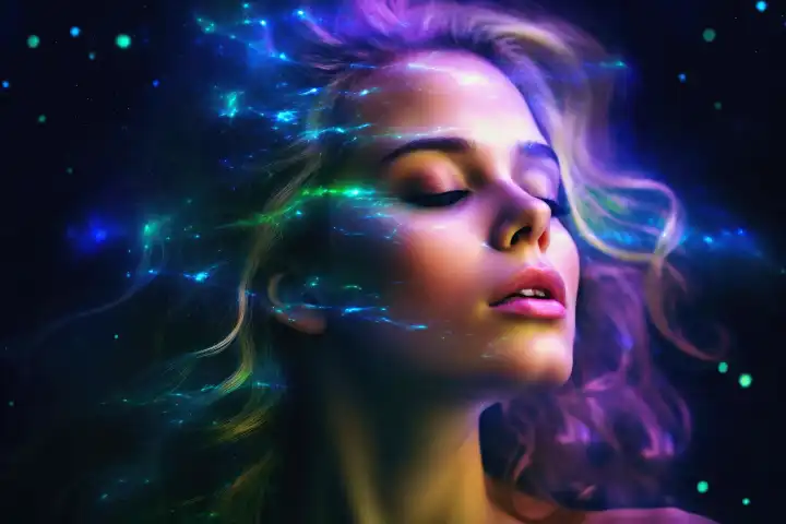 Ätherisches und hypnotisierendes Frauenporträt in einer galaktischen Umgebung, erstellt mit generativer KI-Technologie