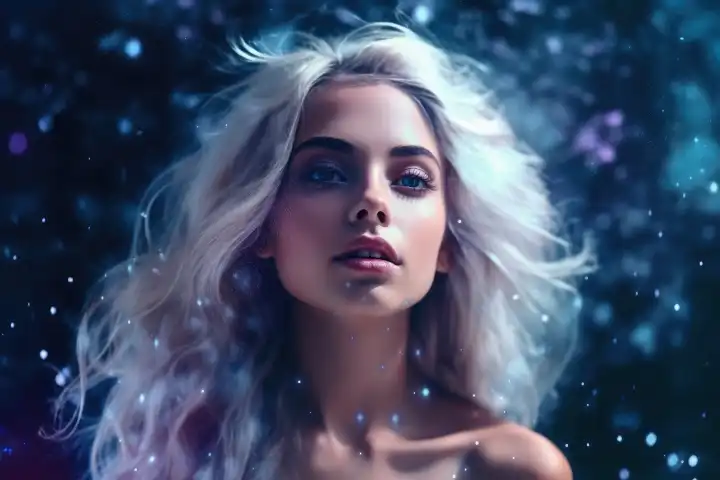 Ethereal and mesmerizing woman portrait in a galaxy environment created with generative AI technology