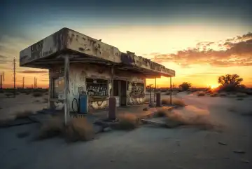 Eine alte verlassene Tankstelle an einer Straße in der Wüste, erstellt mit generativer KI-Technologie