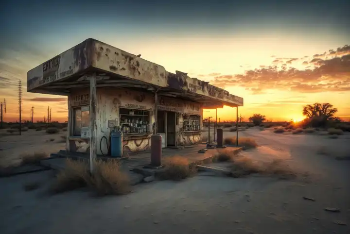 Eine alte verlassene Tankstelle an einer Straße in der Wüste, erstellt mit generativer KI-Technologie