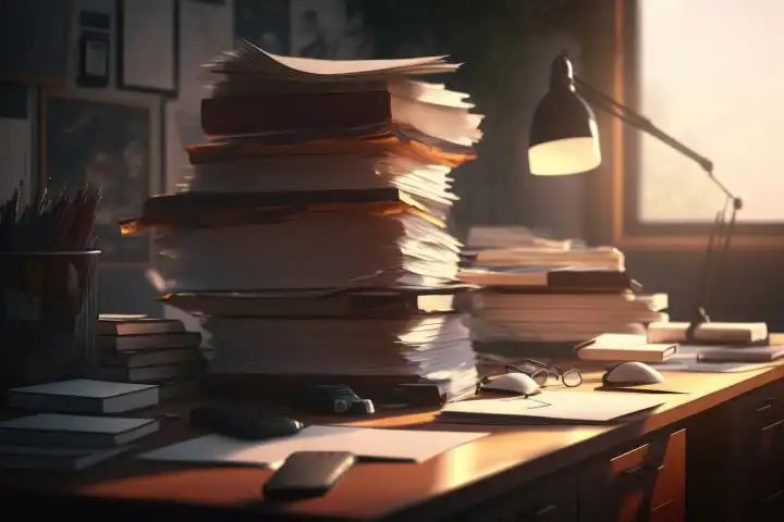 A desk with huge piles of files on it created with generative AI technology