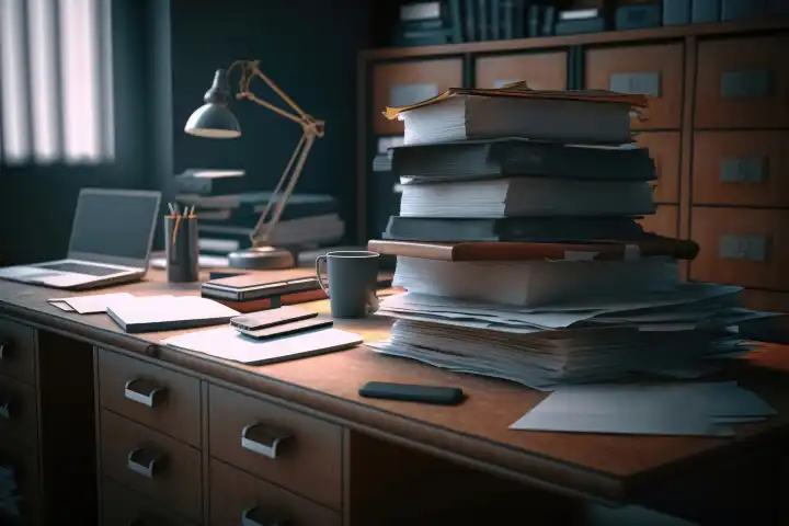 A desk with huge piles of files on it created with generative AI technology