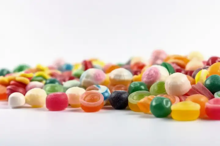 Eine Menge Süßigkeiten auf weißem Hintergrund, erstellt mit generativer KI-Technologie