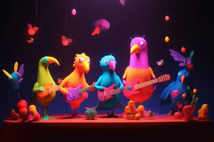 Eine Musikband, bestehend aus bunten Vögeln auf einer Bühne, die mit generativer KI-Technologie erzeugten Rock spielen