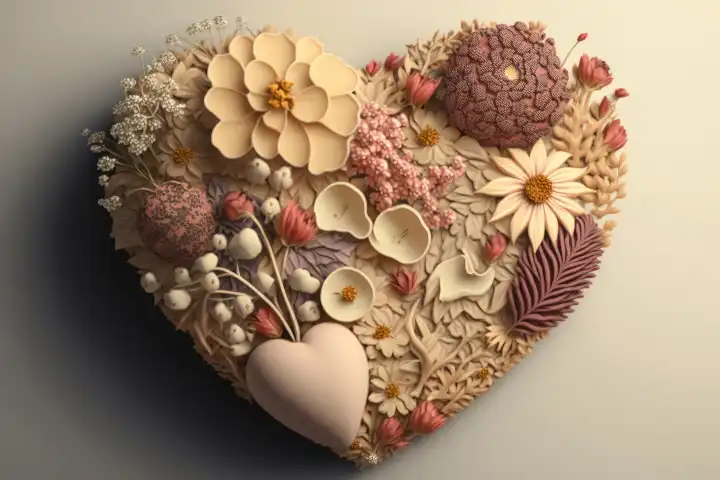 Ein Valentinstag Herz aus Blumen auf einem hellen Hintergrund mit generativer AI-Technologie erstellt
