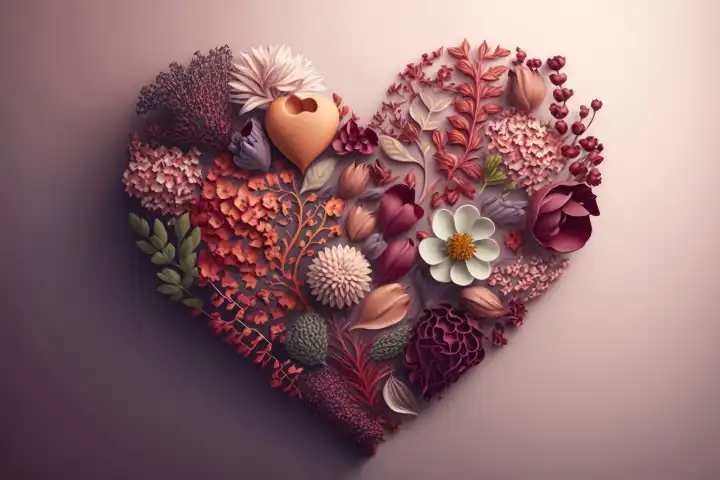 A Valentines Day Heart made of Flowers on a light background created with generative AI technology