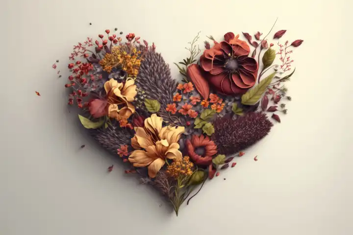 A Valentines Day Heart made of Flowers on a light background created with generative AI technology