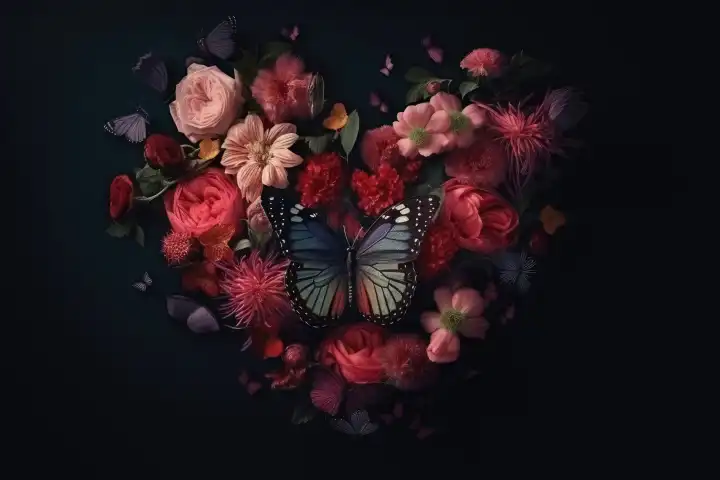 A Valentines Day Heart of Flowers and Butterflies on a Dark Backgroundcreated with generative AI technology