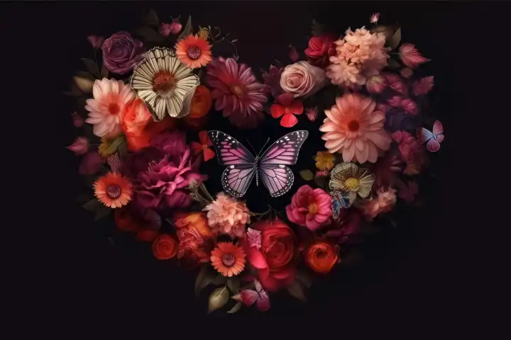 Ein Valentinstag Herz aus Blumen und Schmetterlingen auf einem dunklen Hintergrund, erstellt mit generativer AI-Technologie