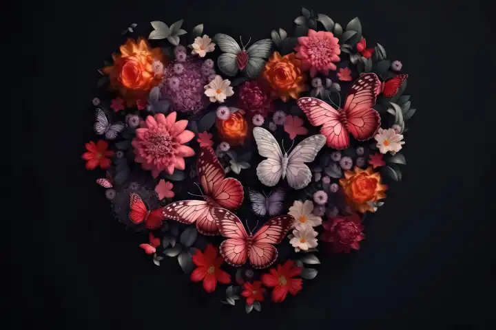 Ein Valentinstag Herz aus Blumen und Schmetterlingen auf einem dunklen Hintergrund erstellt mit generativer AI-Technologie