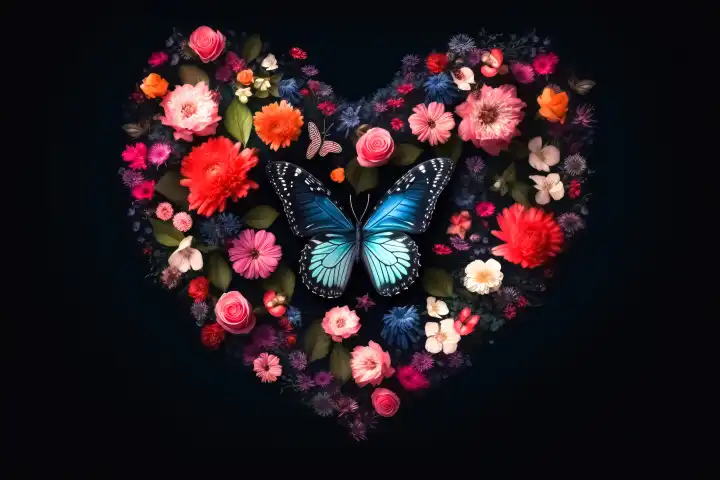 Ein Valentinstag Herz aus Blumen und Schmetterlingen auf einem dunklen Hintergrund erstellt mit generativer AI-Technologie
