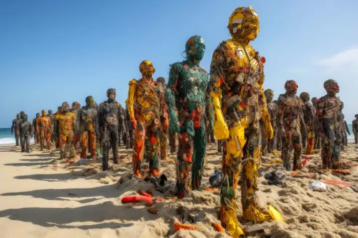 Ein Schwarm böser Plastikmüllfiguren erobert den Strand vom Meer aus, erschaffen mit generativer KI-Technologie
