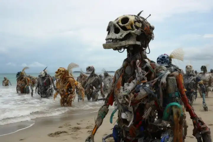 Ein Schwarm böser Plastikmüllfiguren erobert den Strand vom Meer aus, erschaffen mit generativer KI-Technologie