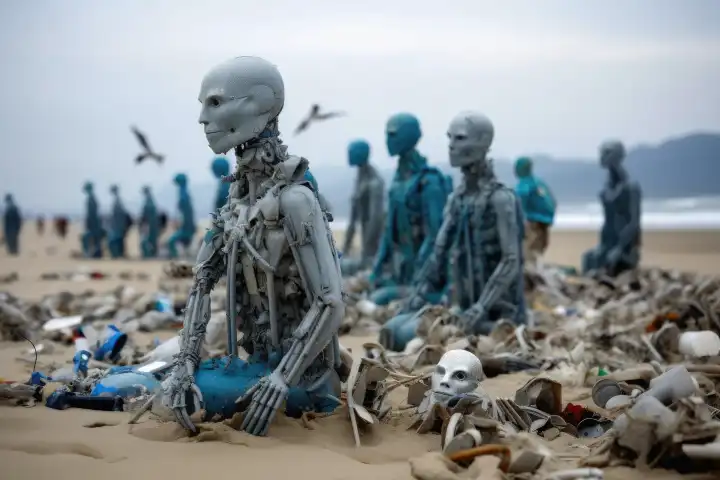 A swarm of evil plastic waste figures conquers the beach from the ocean created with generative AI technology