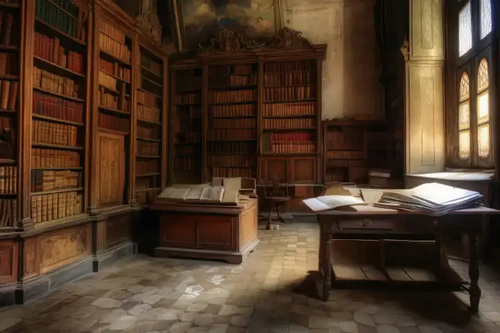 Eine sehr alte Bibliothek mit vielen alten Büchern, die mit generativer KI-Technologie erstellt wurden